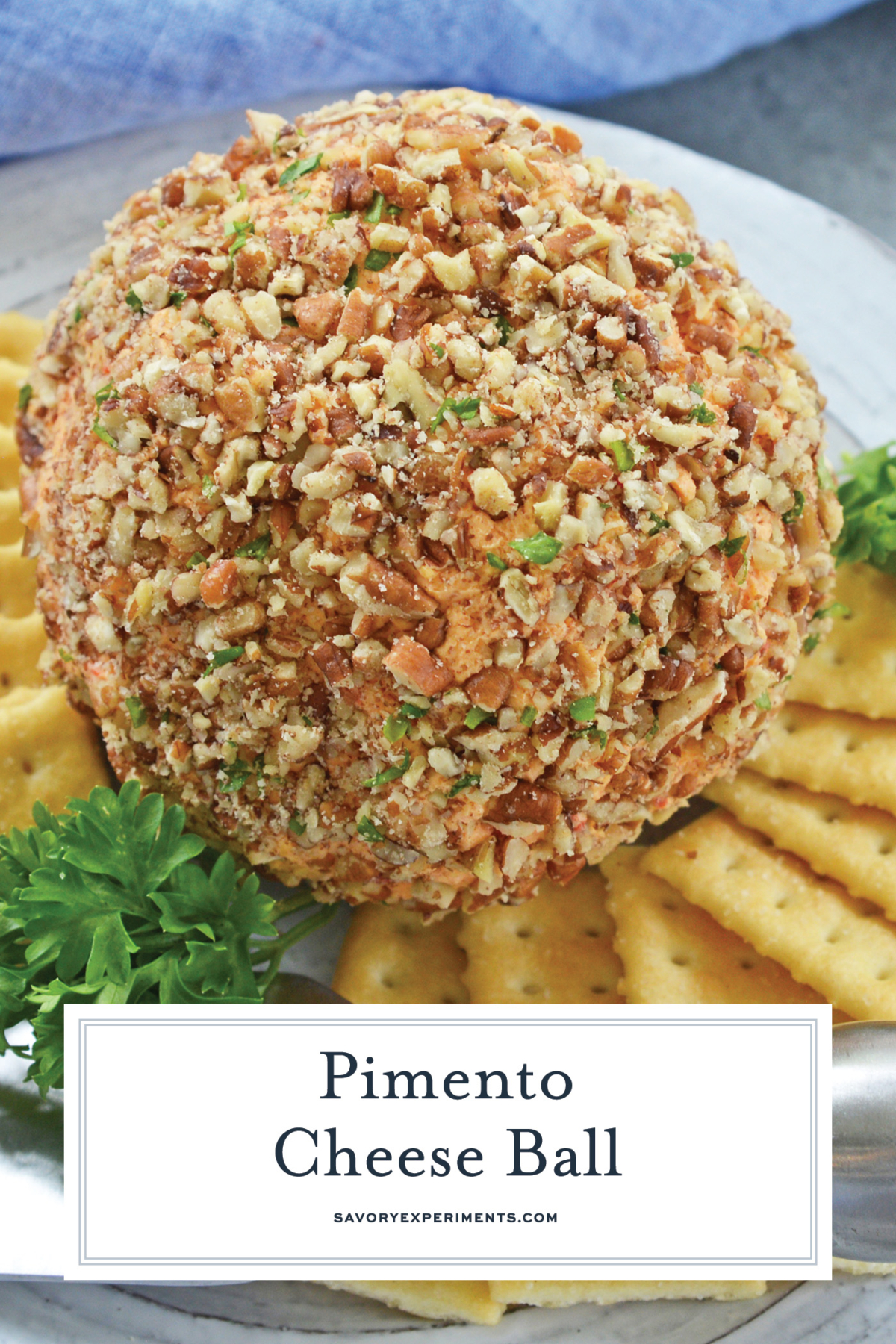 close up of pimento cheese ball for pinterest with text overlay