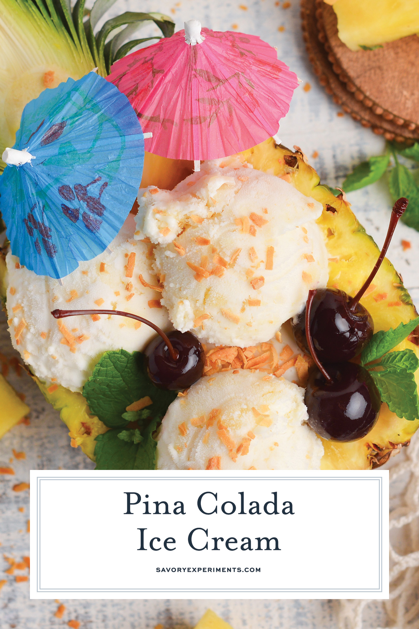 overhead shot of pina colada ice cream in a pineapple with text overlay