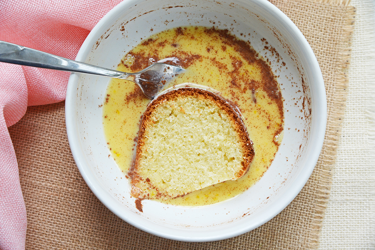 pound cake slice dredged in egg mixture