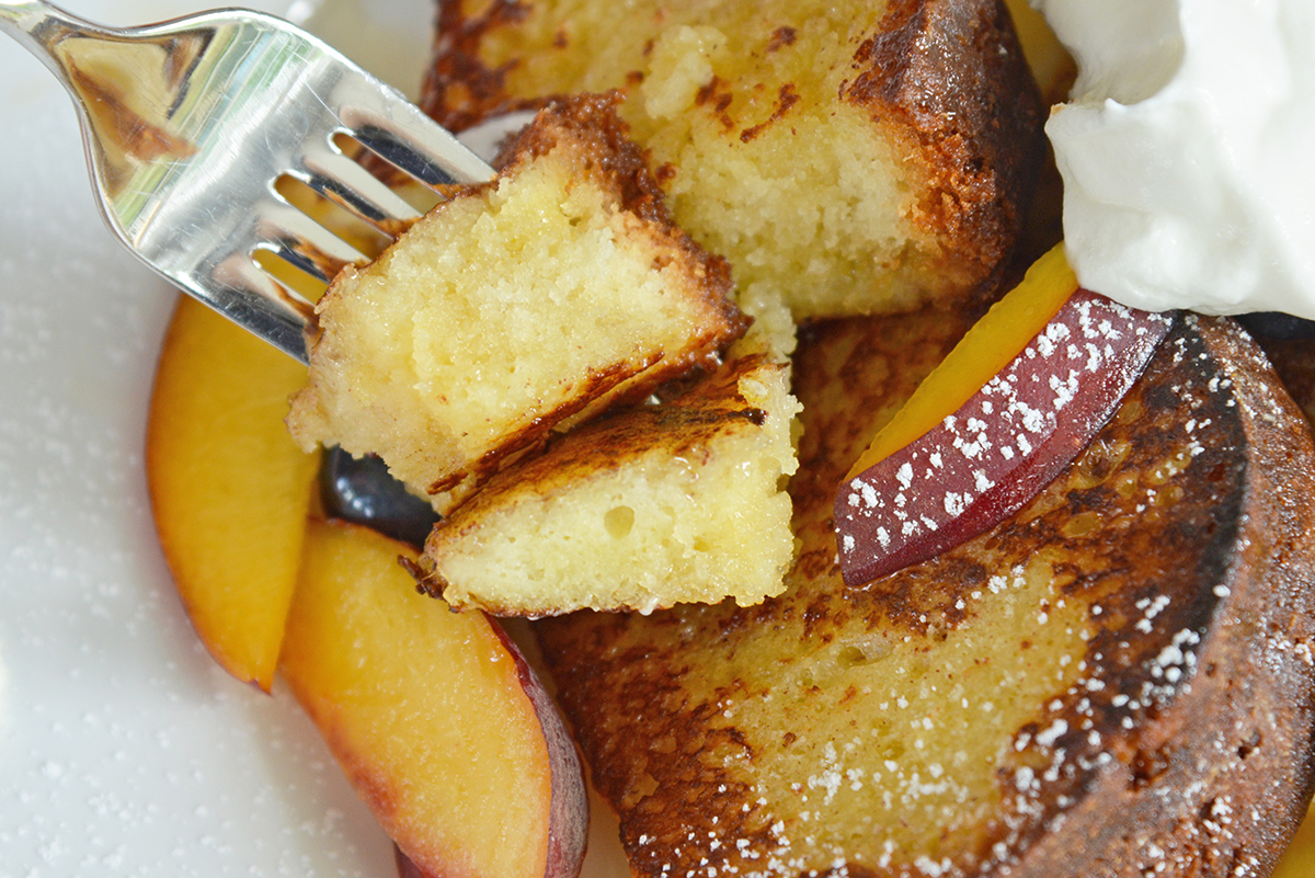 bite of pound cake french toast on a fork