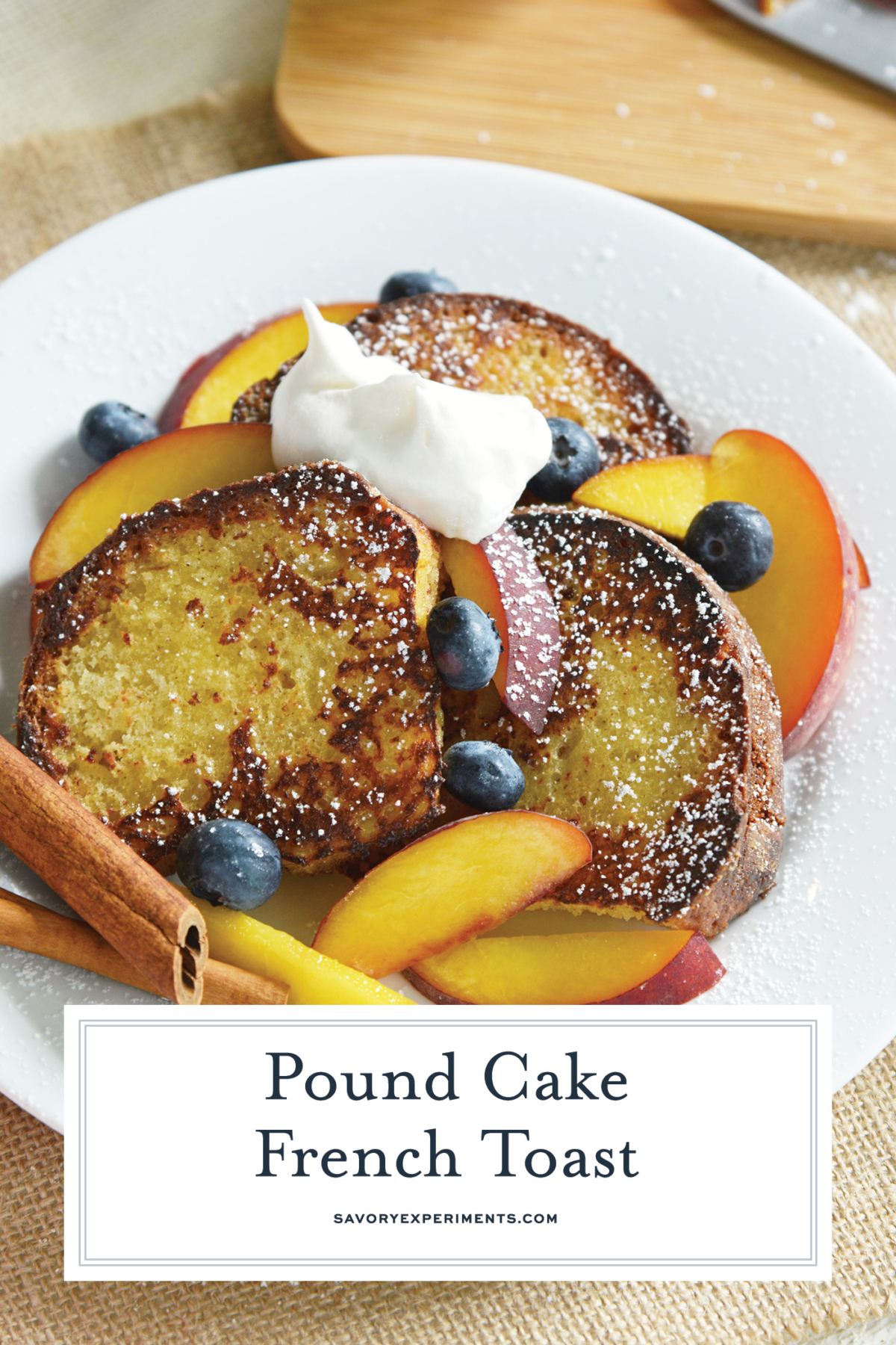 close up of pound cake french toast with text overlay