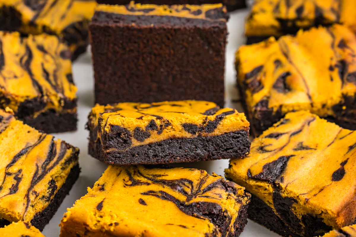 angled shot of pumpkin cheesecake brownies