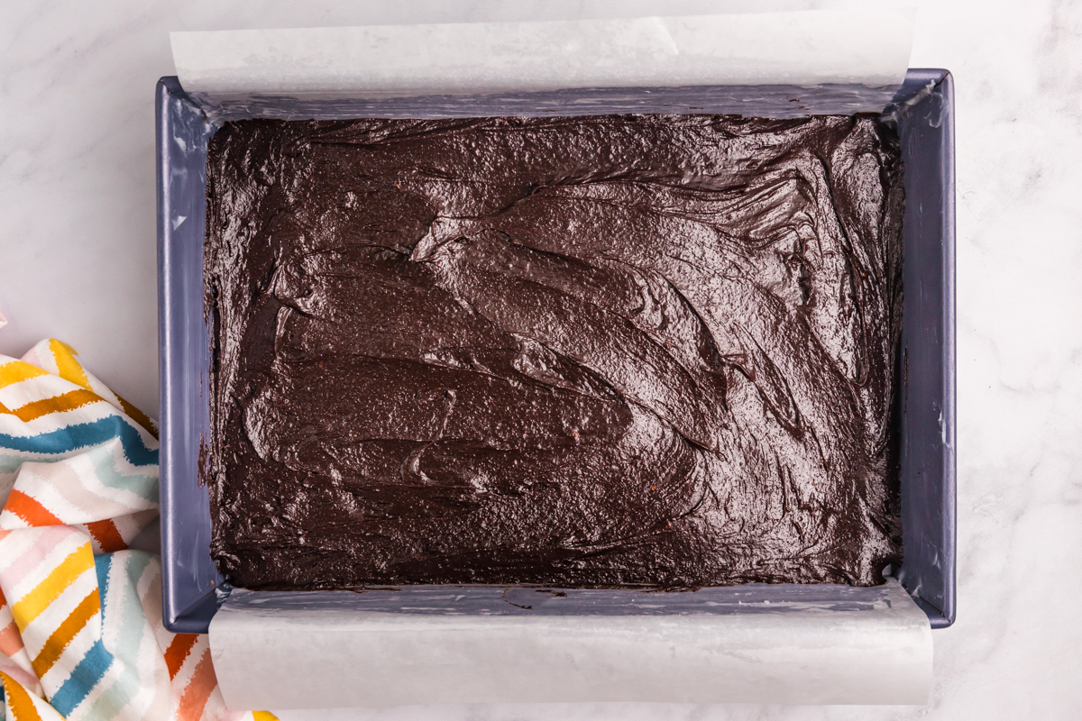 overhead shot of brownie batter in pan