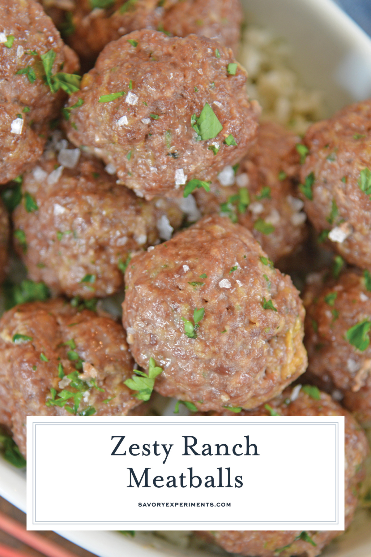 close up of ranch meatballs with text overlay for pinterest