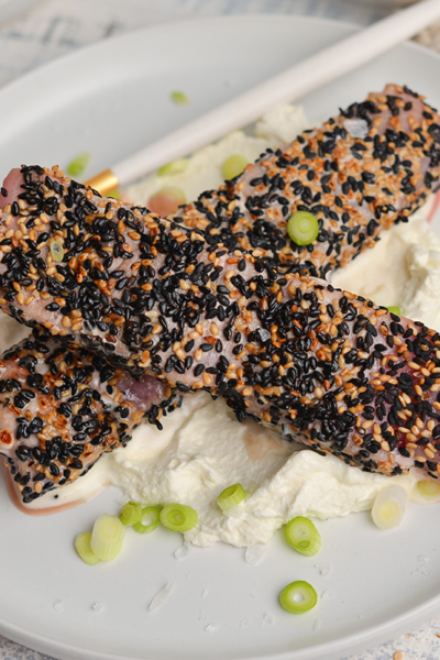 overhead shot of two sticks of sesame crusted tuna on a plate