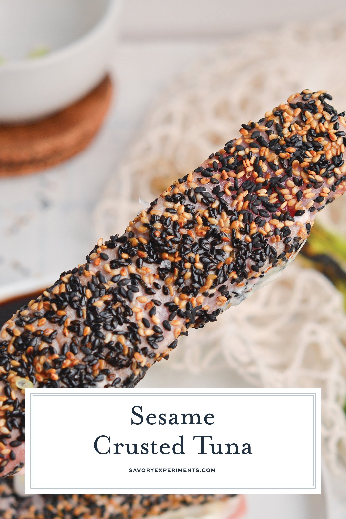 sesame crusted tuna on a stick with text overlay