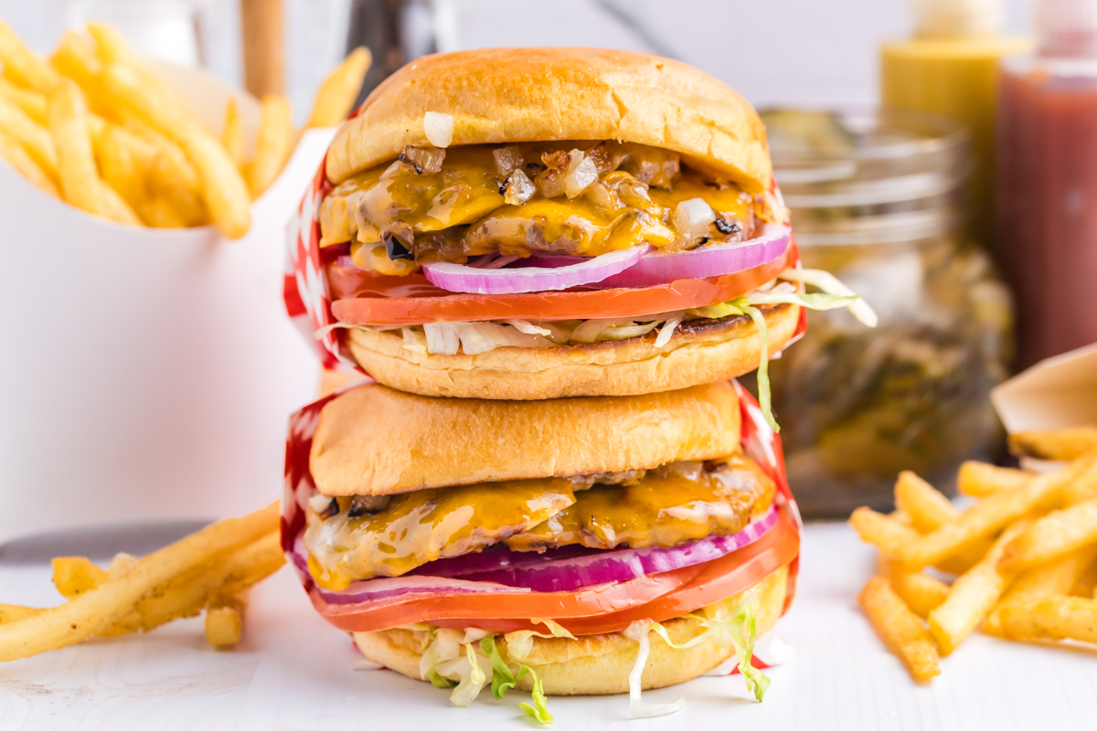 straight on shot of stack of two smash burgers