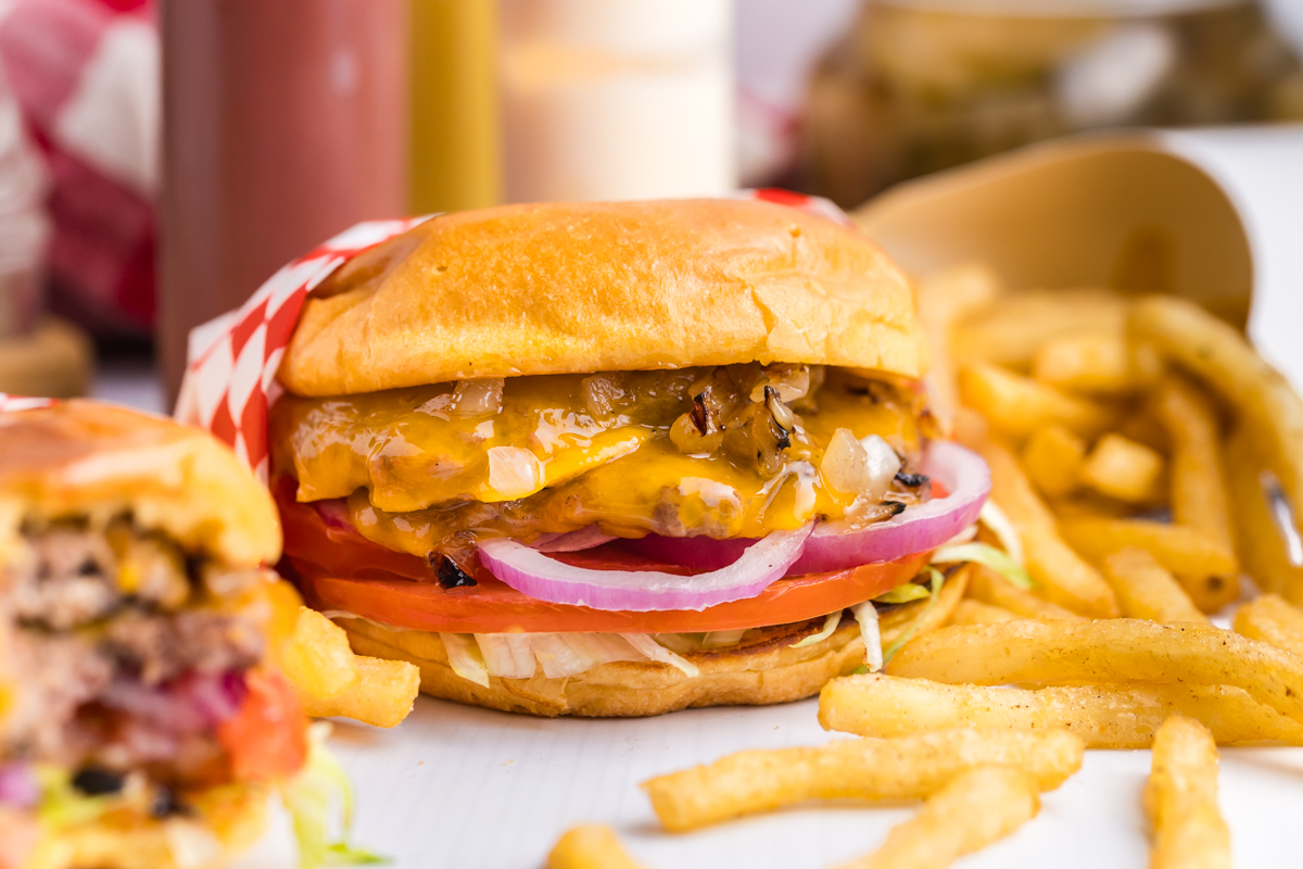 straight on shot of burger with fries