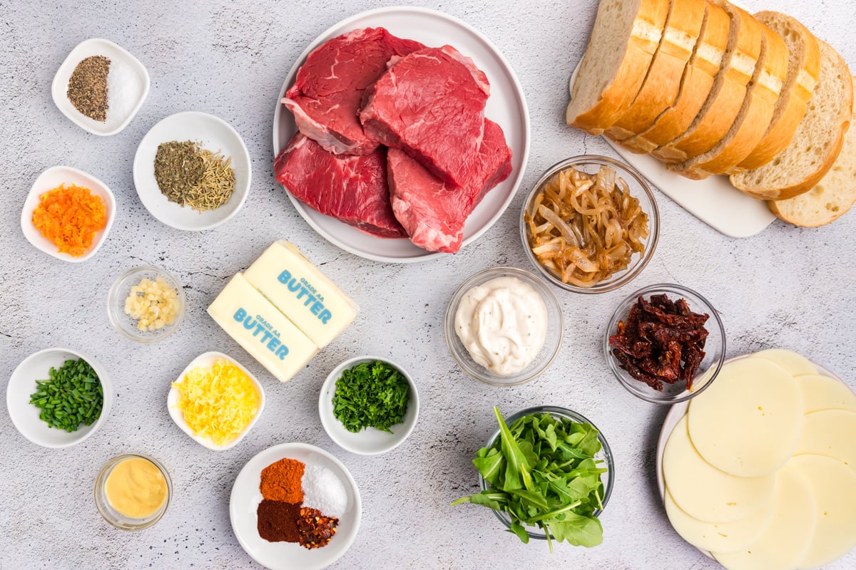 overhead shot of steak sandwich ingredients