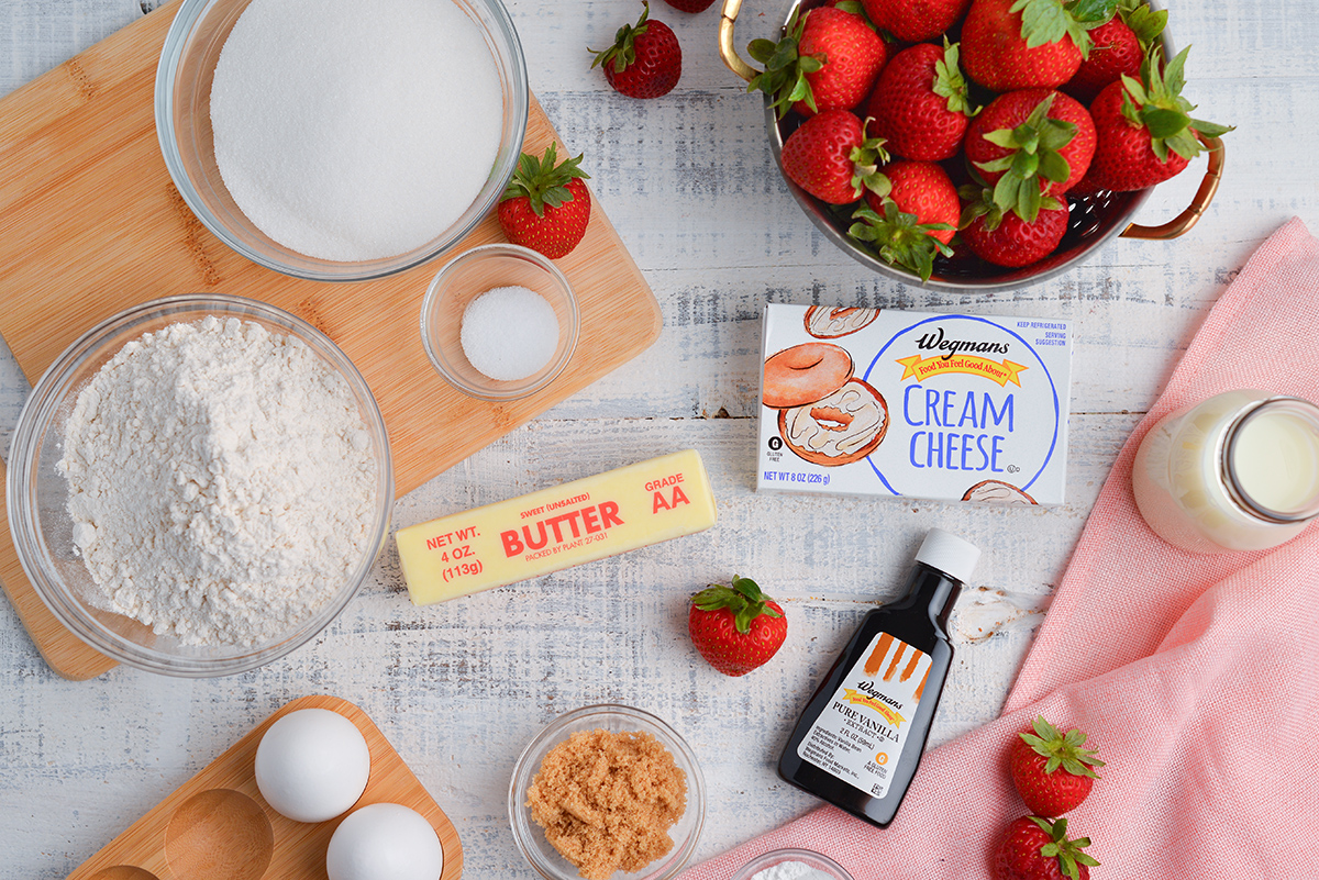 overhead shot of strawberry cream cheese muffin ingredients