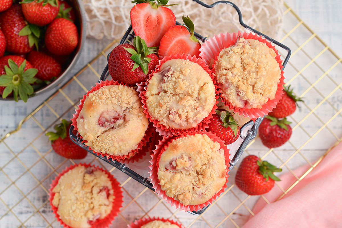 overhead shot of pile of strawberry cream cheese muffins