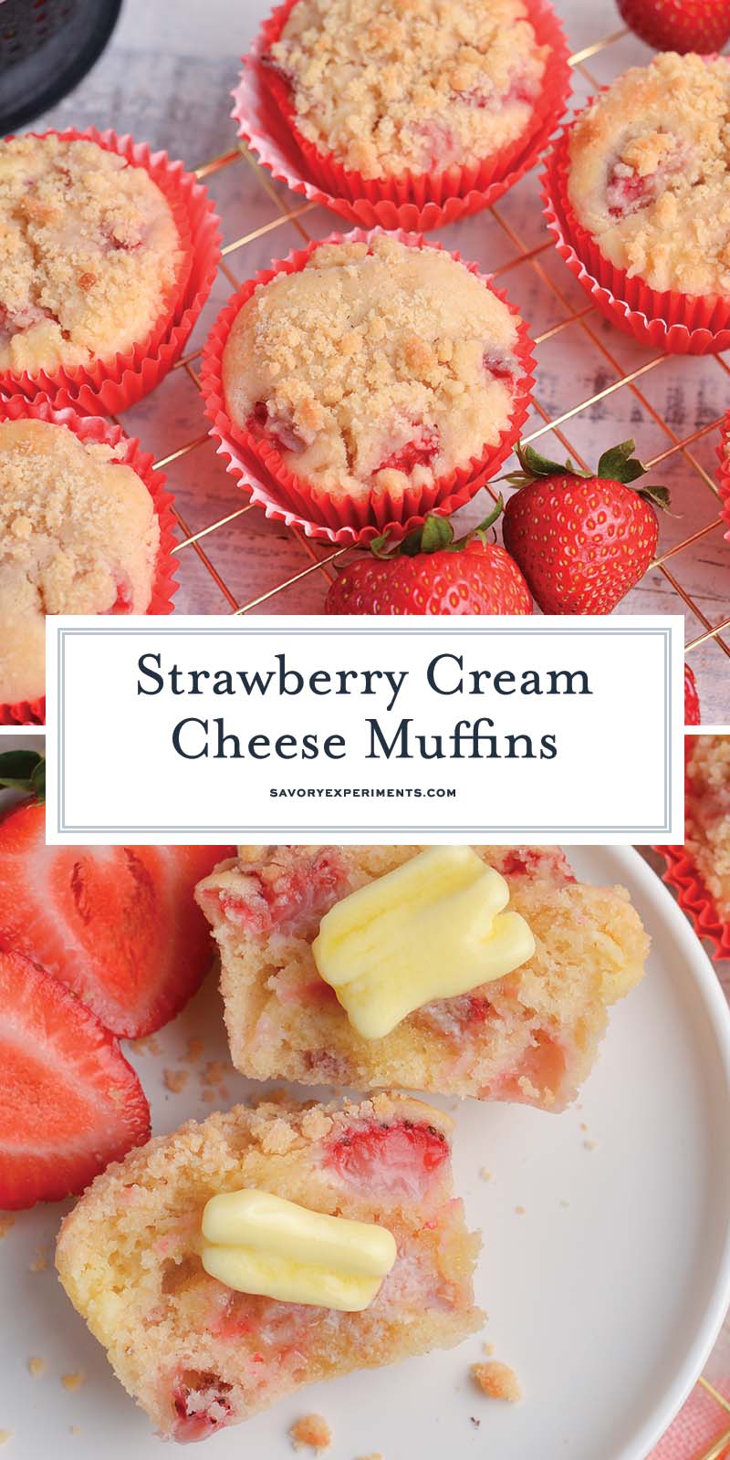 collage of strawberry cream cheese muffins