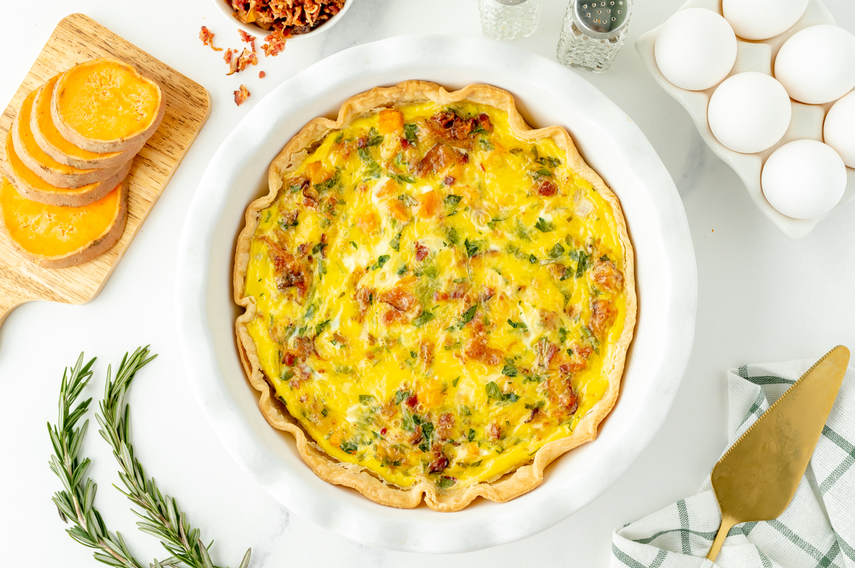 overhead shot of sweet potato quiche