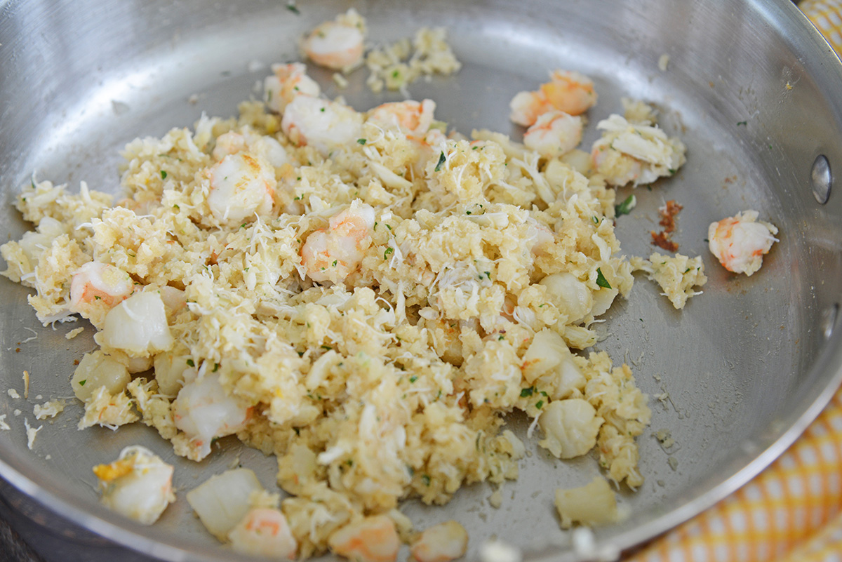 seafood stuffing in a skillet