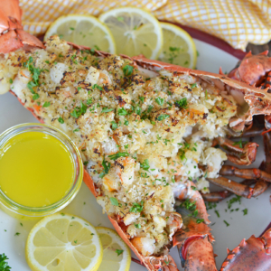 whole baked stuffed lobster with butter