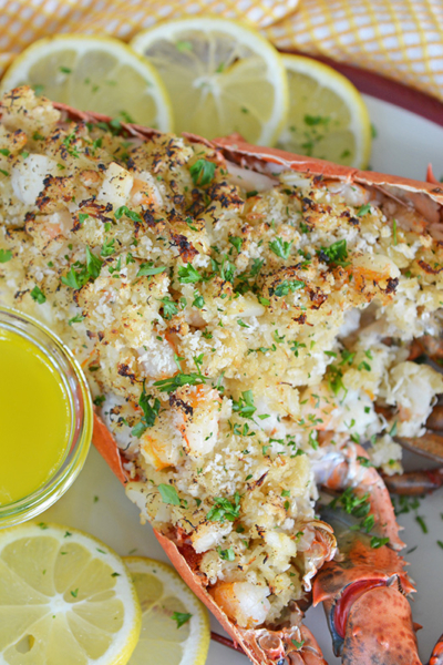 whole baked stuffed lobster with butter