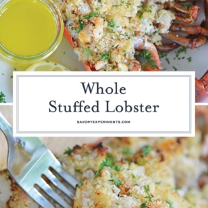 collage of whole stuffed lobster for pinterest