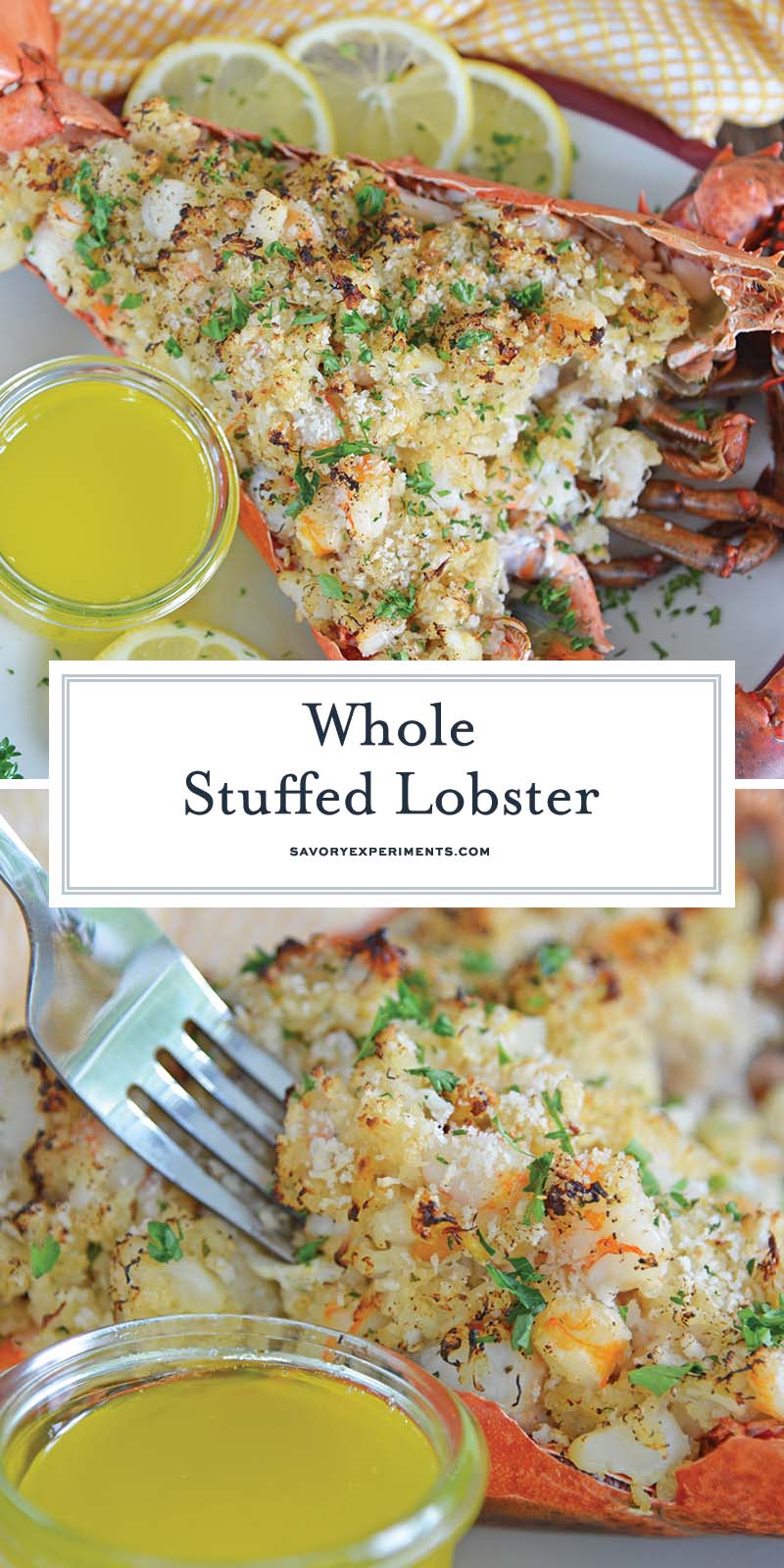 collage of whole stuffed lobster for pinterest