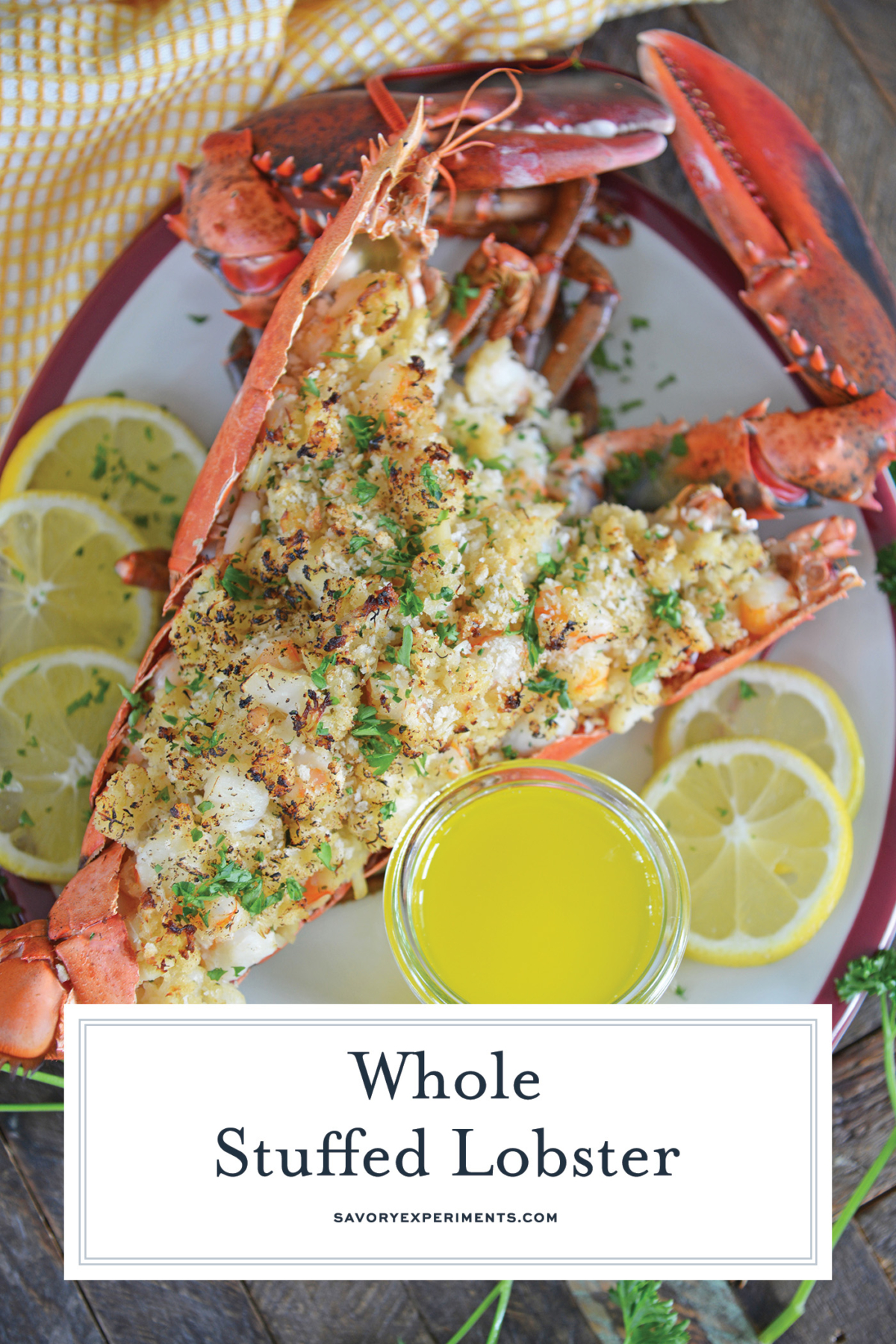 lemon butter stuffed lobster with text overlay for pinterest