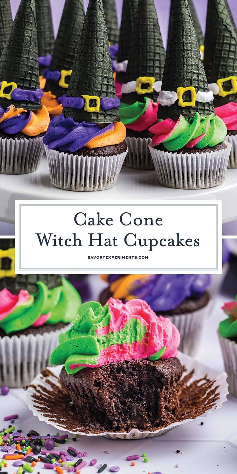 collage of witch hat cupcakes