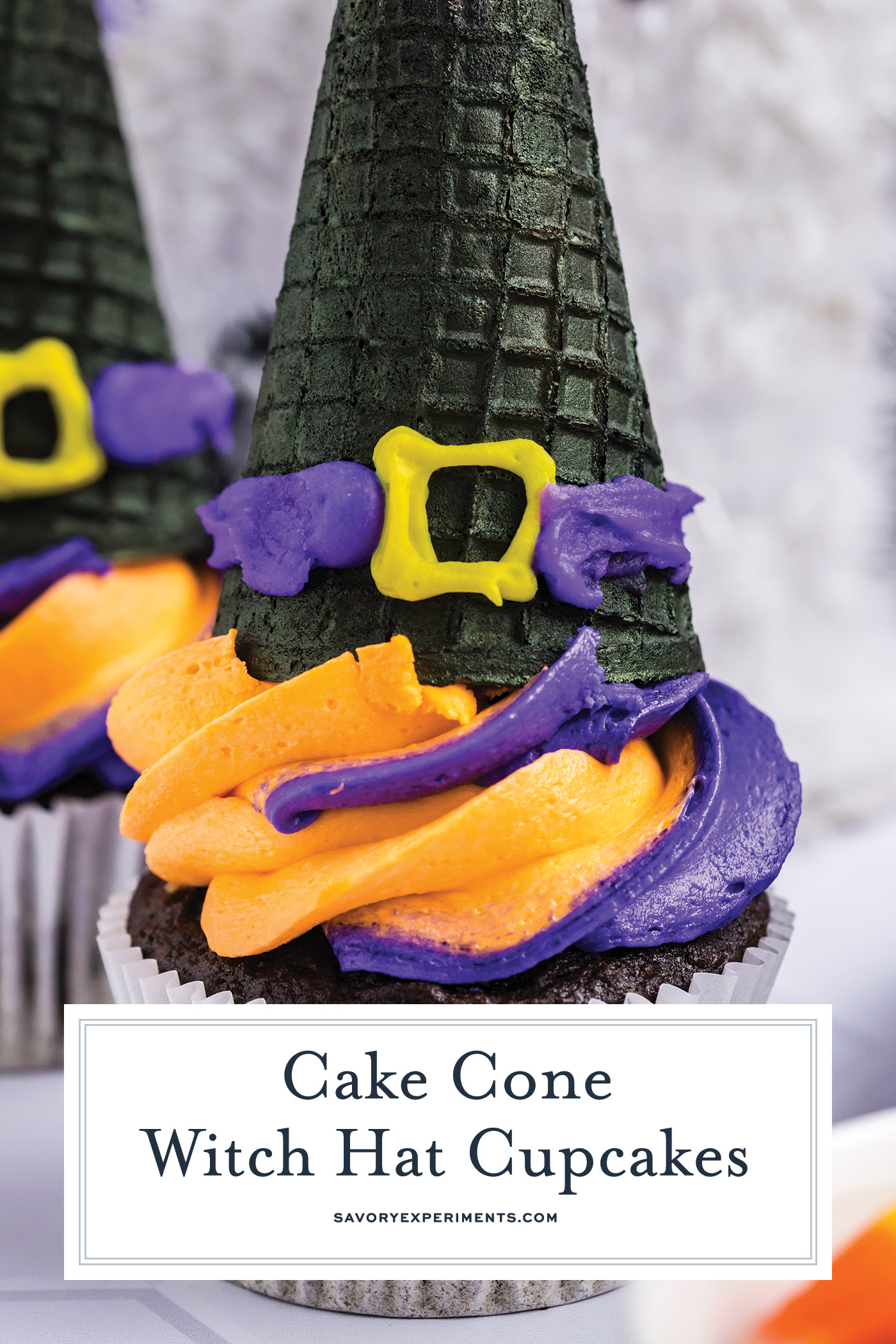 close up shot of witch hat cupcake with text overlay