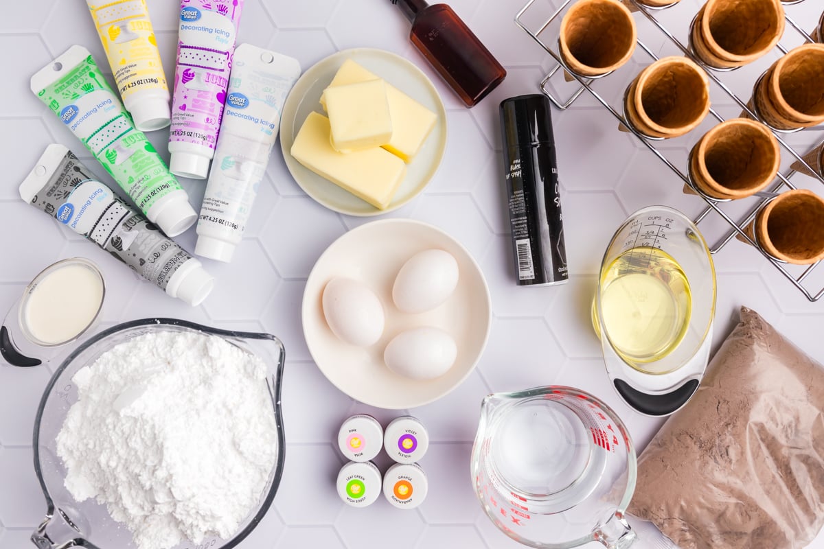 overhead shot of witch hat cupcake ingredients