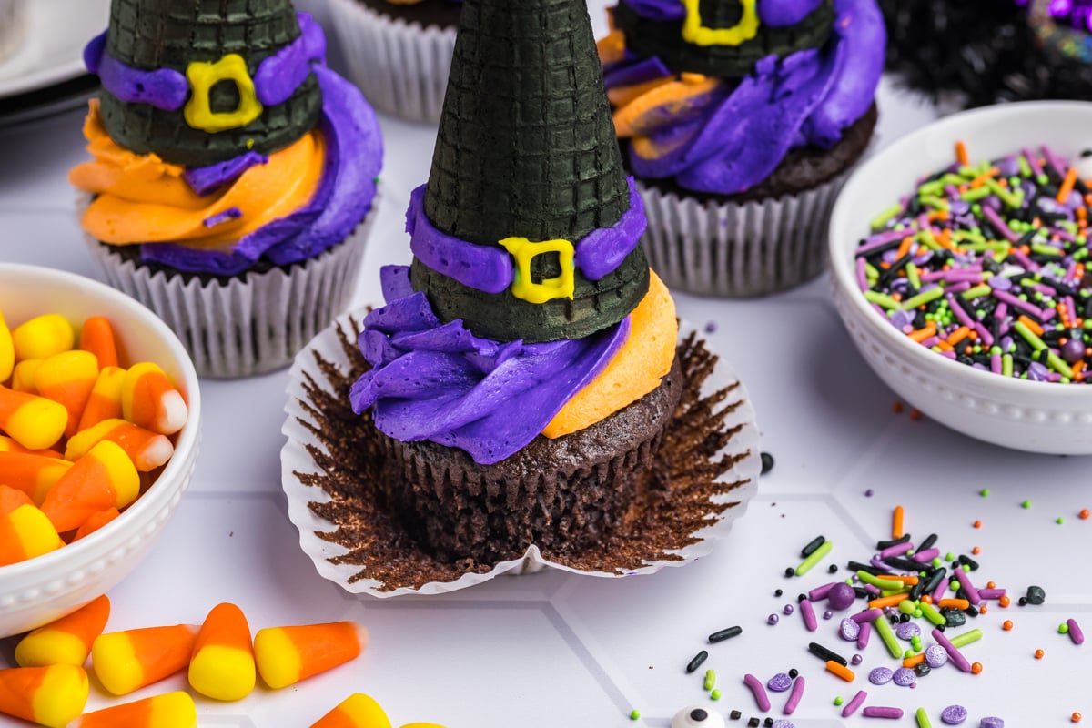 angled shot of wrapped taken off of witch hat cupcake