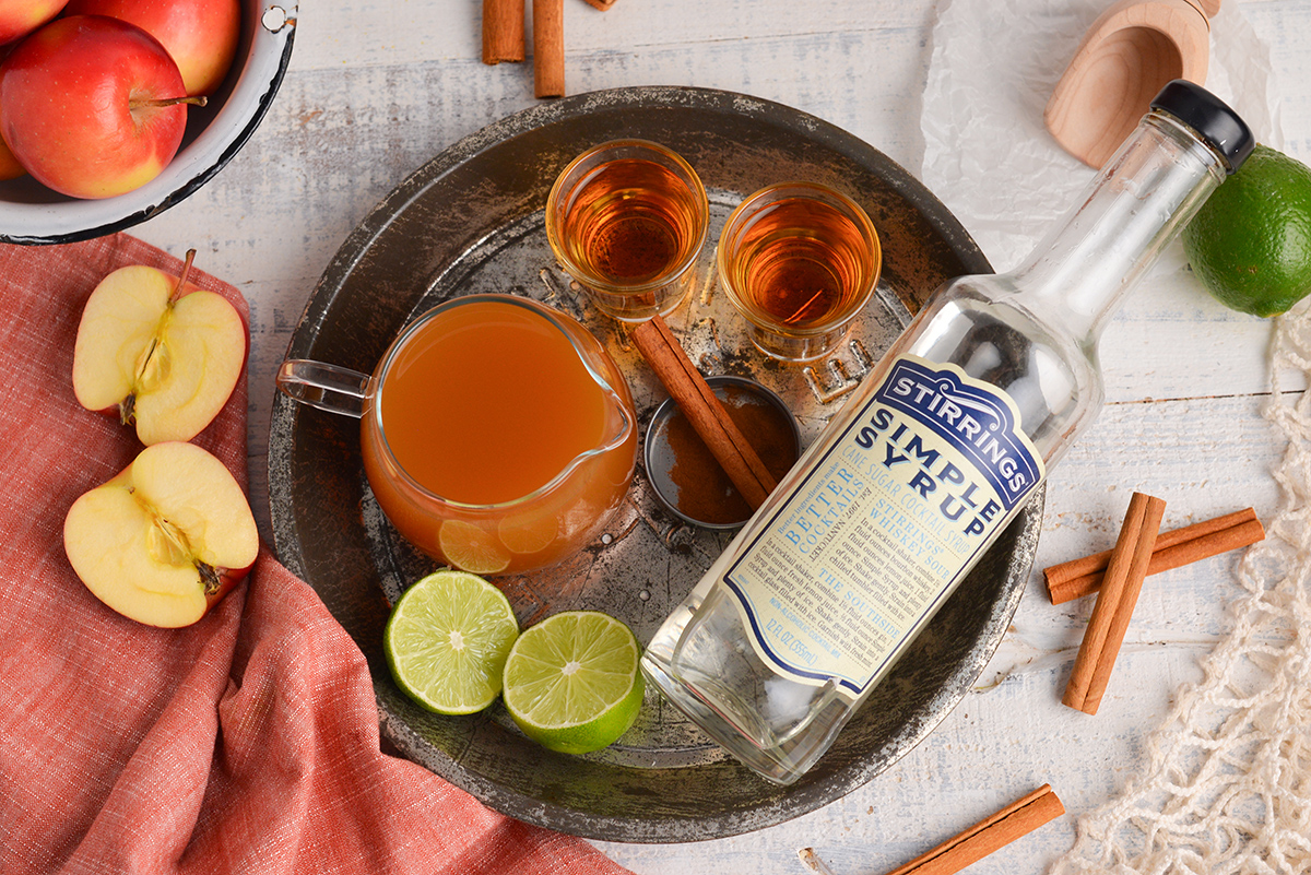 overhead shot of apple cider whiskey cocktail ingredients