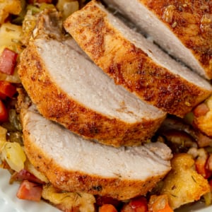 overhead shot of sliced apple spiced pork tenderloin