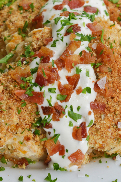 close up of bacon ranch chicken with sauce