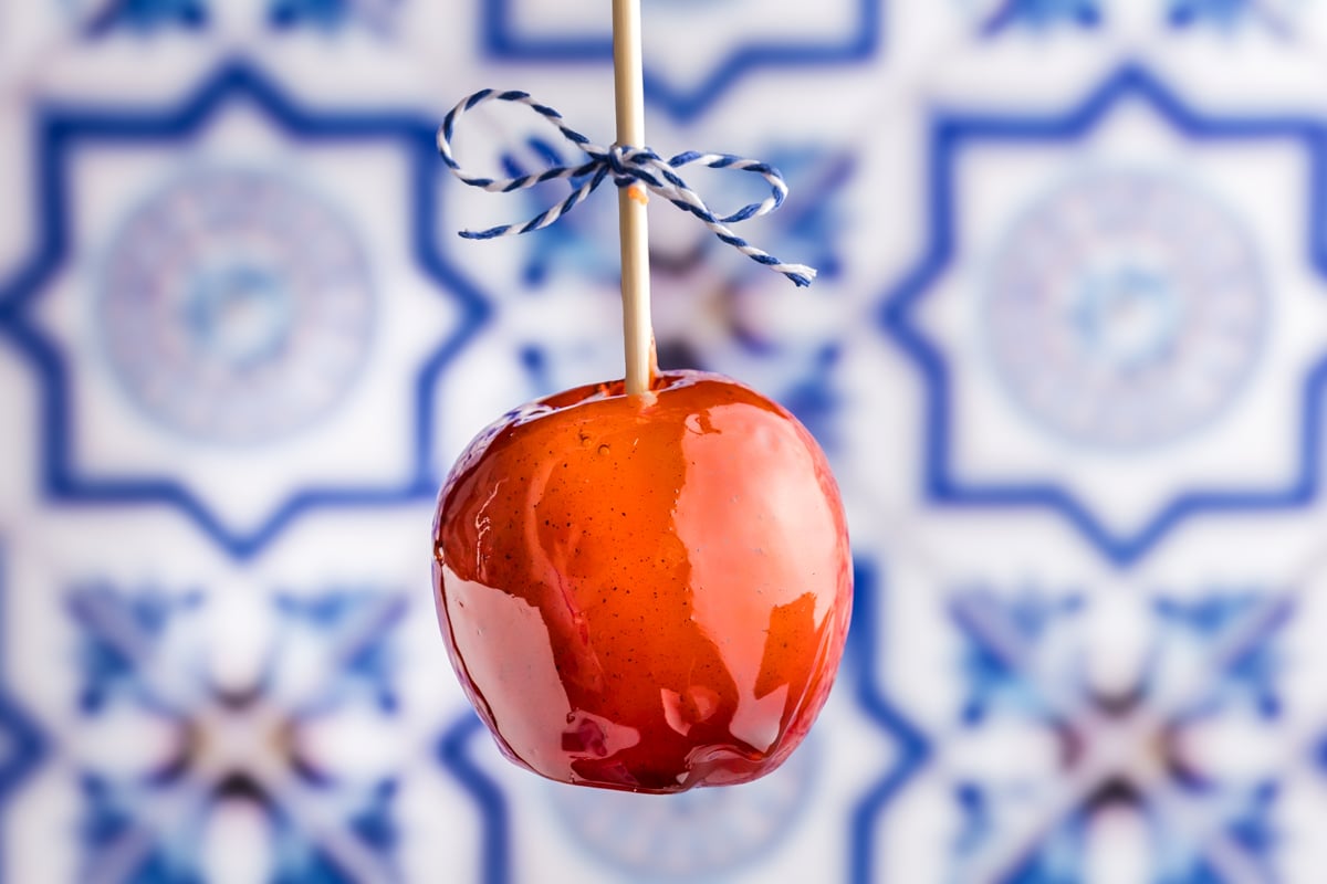 straight on shot of one candied apple