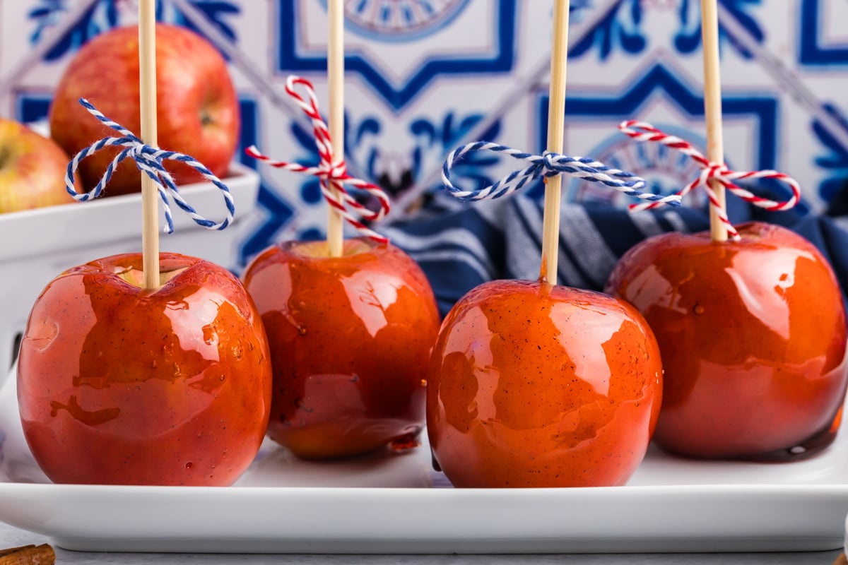 straight on shot of candied apples on tray