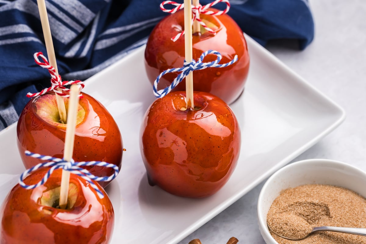 angled shot of candied apples on tray