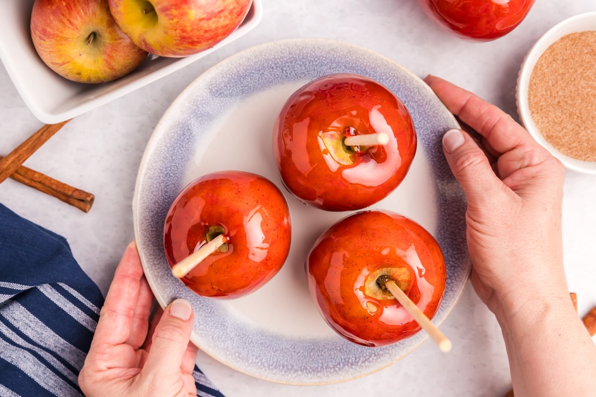 overhead shot of plate of three candied apples