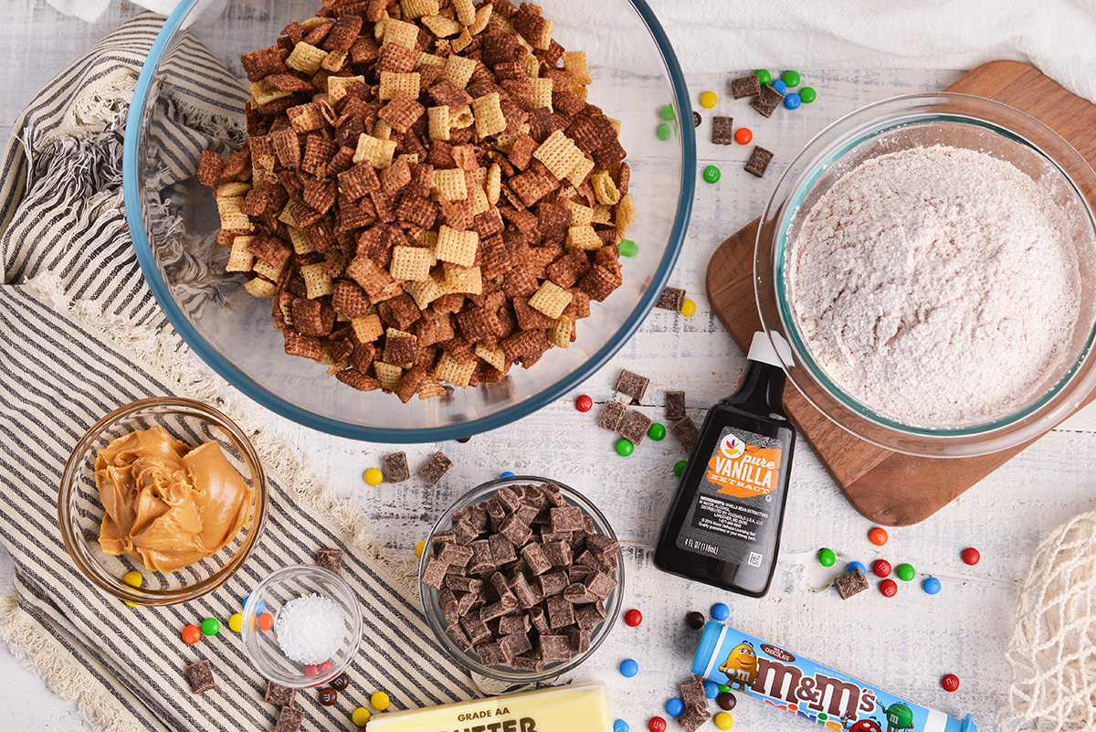 overhead shot of muddy buddies ingredients