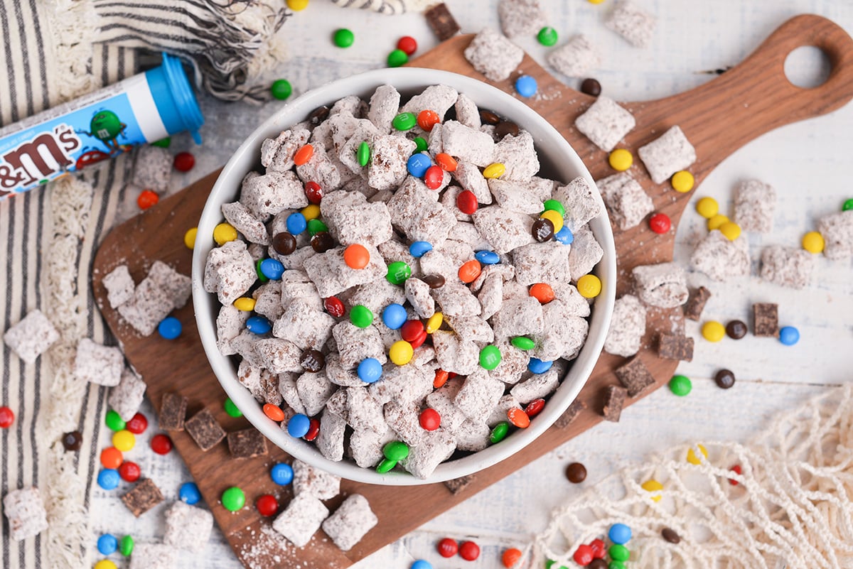 overhead shot of chocolate puppy chow