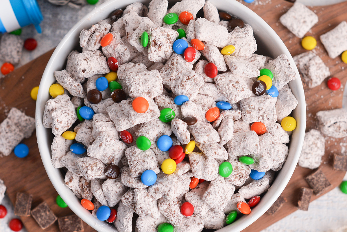 close up overhead shot of bowl of muddy buddy recipe