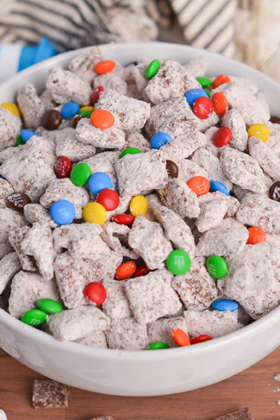 angled shot of bowl of muddy buddies