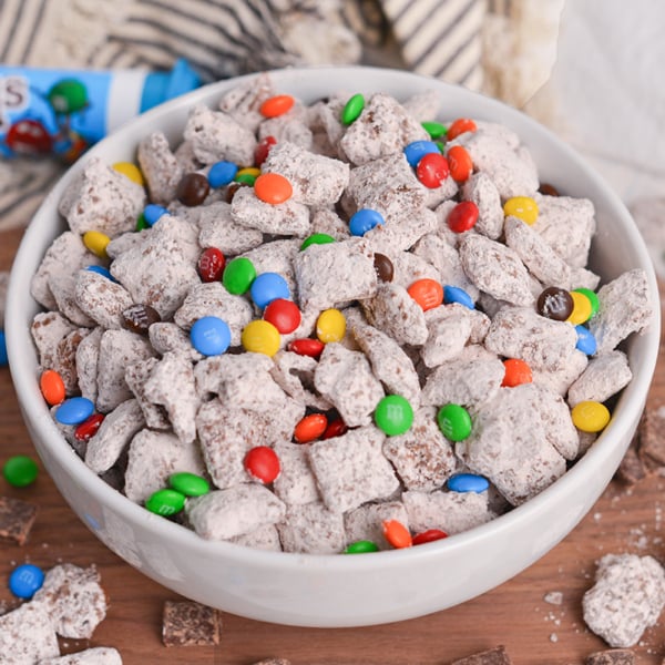 angled shot of bowl of muddy buddies