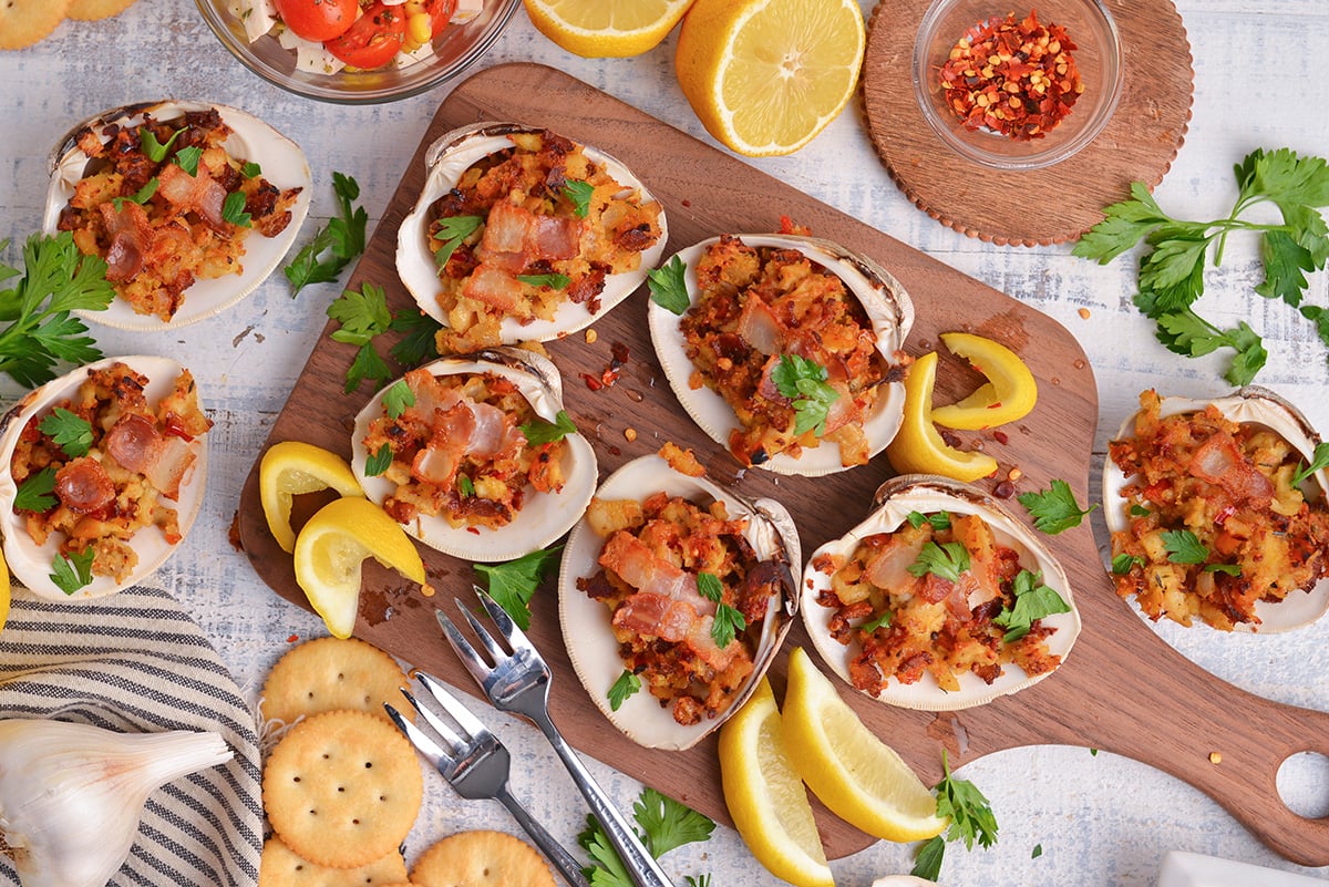 overhead shot of clams casino on wooden board