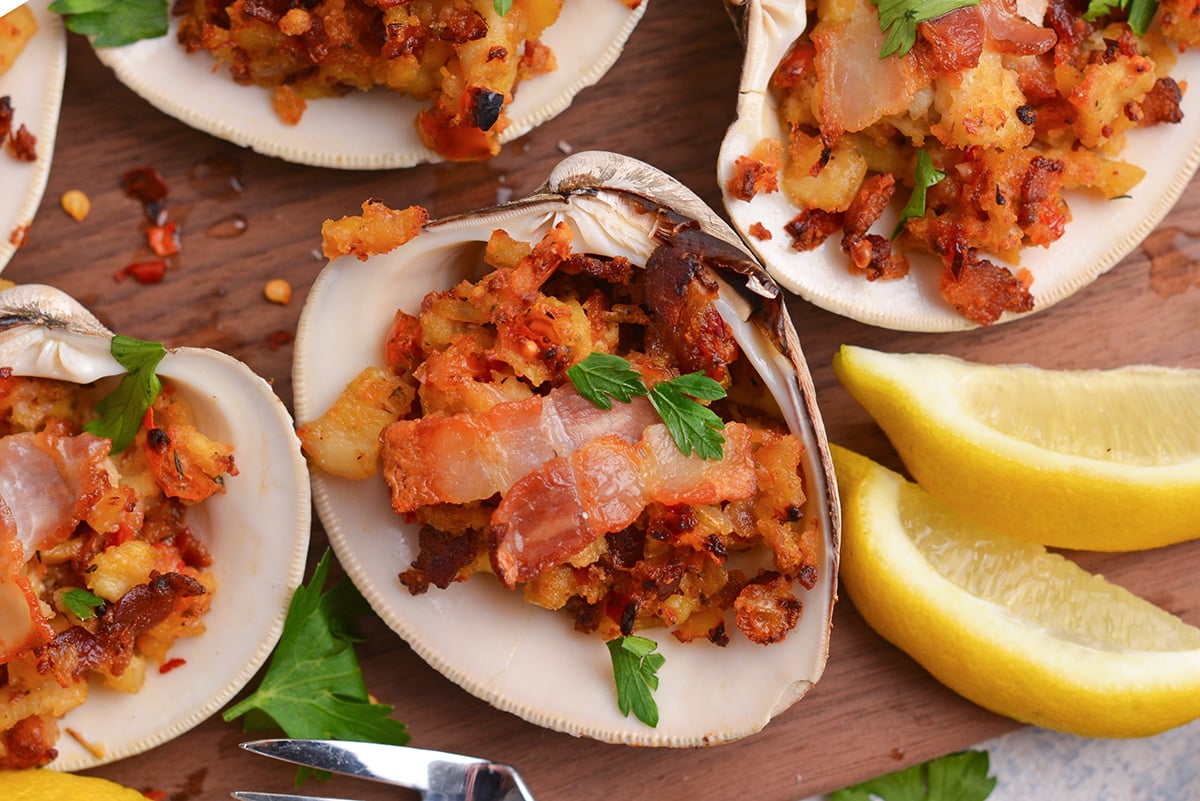 close upshot of stuffed clam with bacon