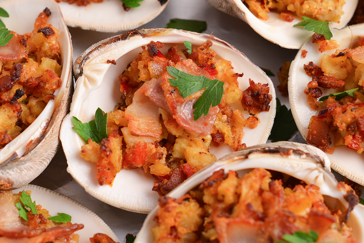 close up overhead shot of clams casino