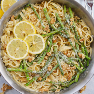 skillet with pasta cream sauce