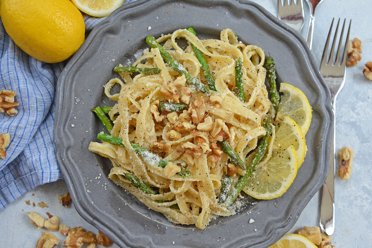 overhead shot of creamy lemon pasta on plate