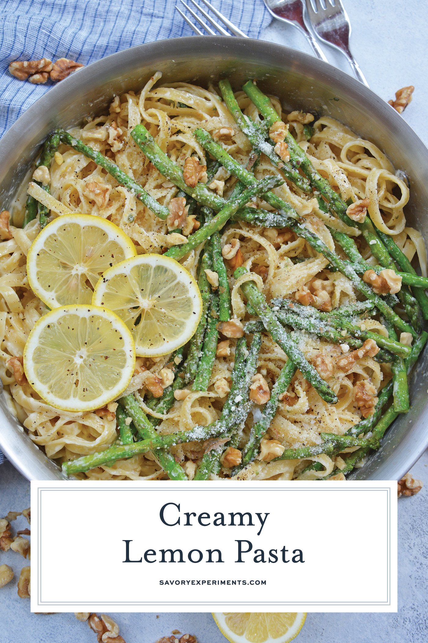 overhead shot of creamy lemon pasta with text overlay