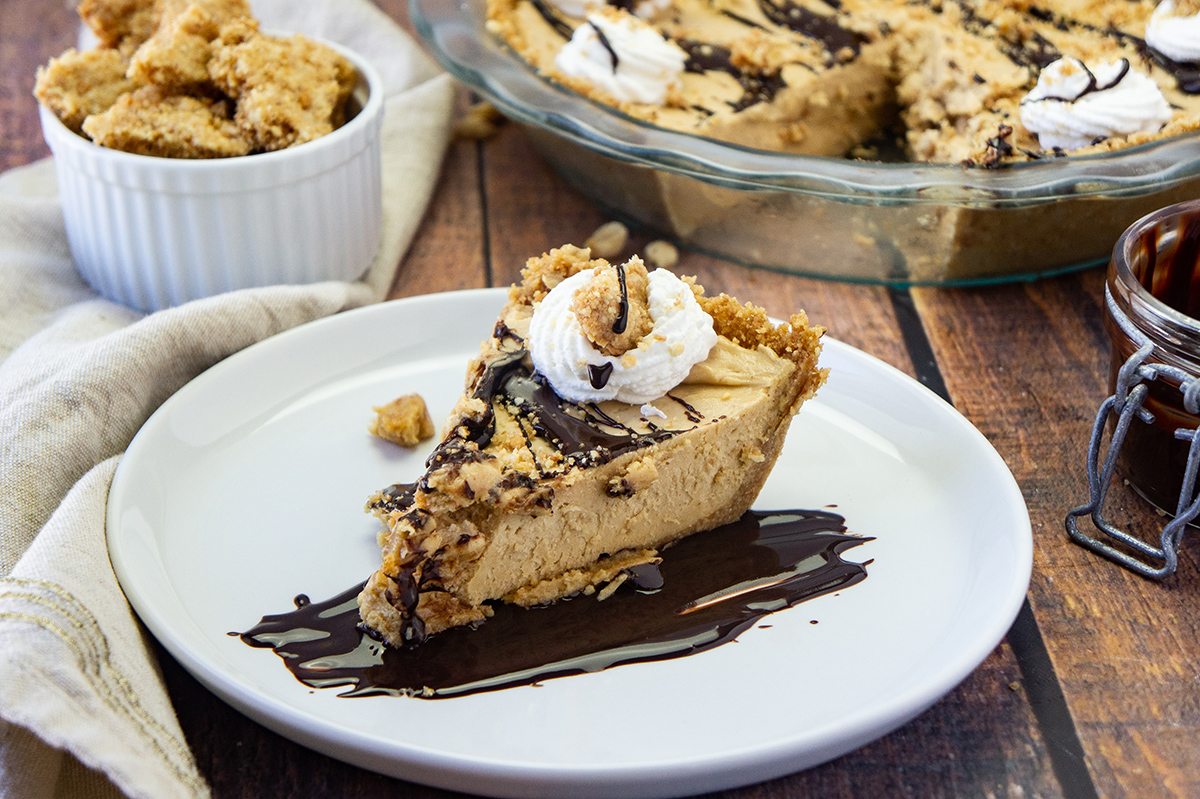 slice of peanut butter pie on white plate