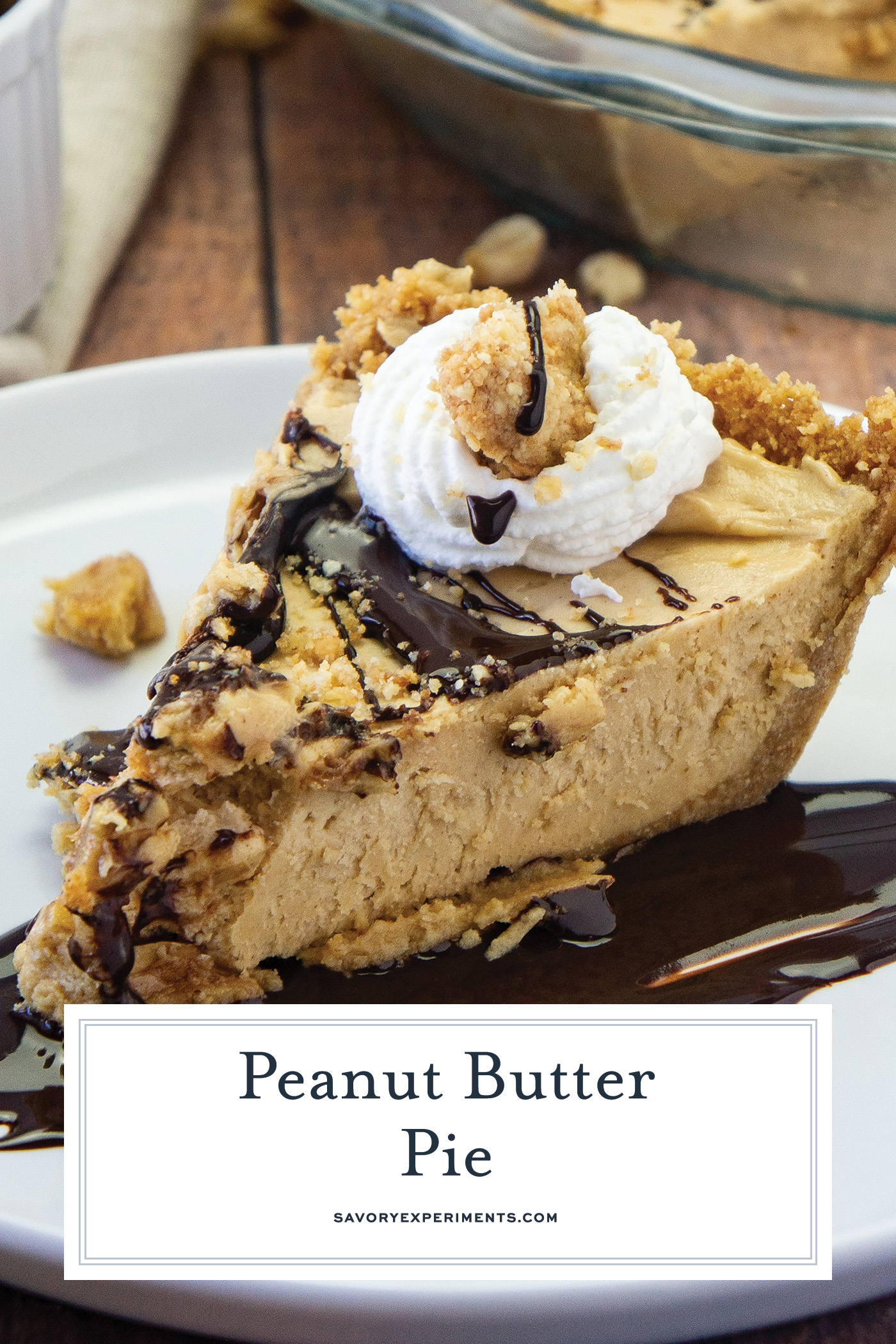 angled shot of slice of peanut butter pie with text overlay