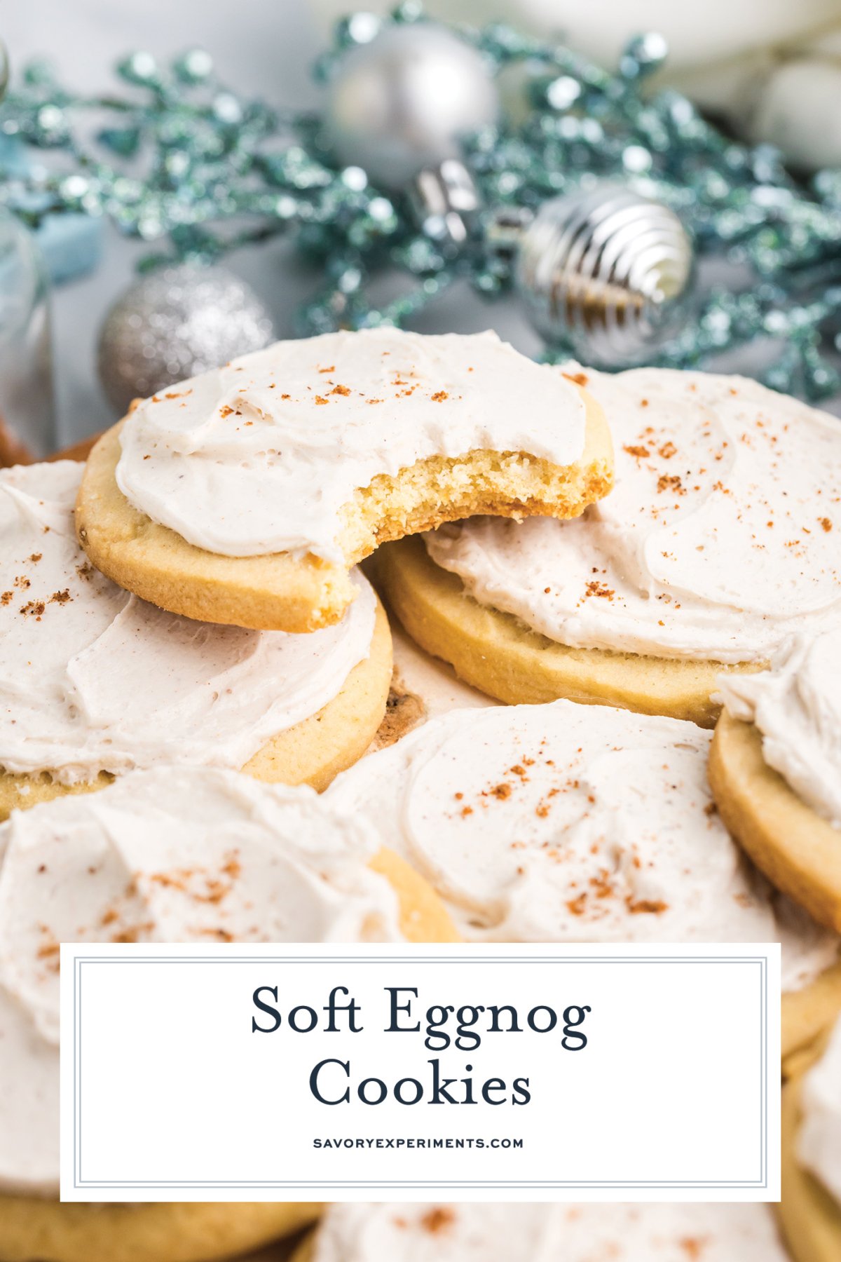 bite taken out of stack of eggnog cookies