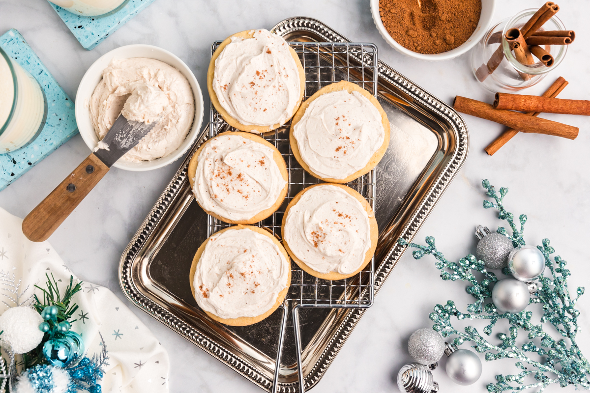 overhead shot of five eggnog cookies on wire rack