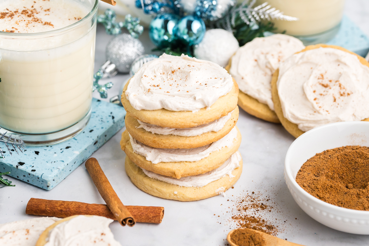 angled shot of stack of eggnog cookies